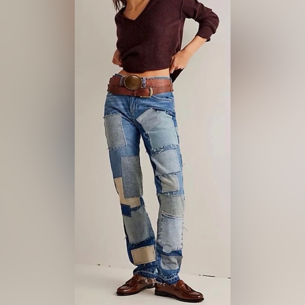 FREE PEOPLE WE THE FREE BARE WITH ME MID RISE STRAIGHT LEG JEANS PATCHWORK DENIM
